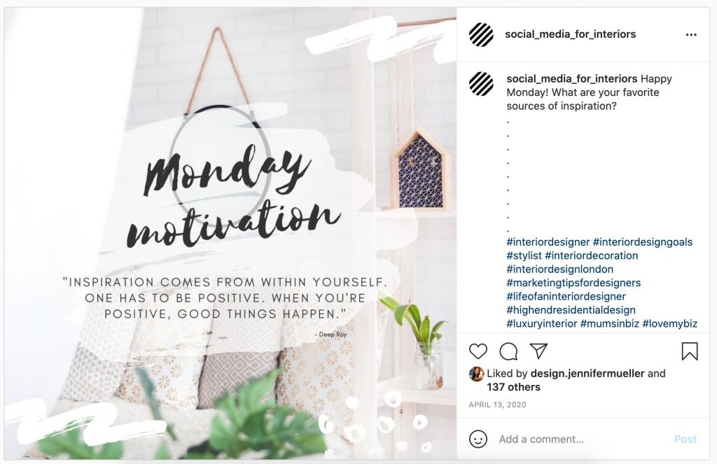 An example of posting interior design hashtags as part of the Instagram caption using a dotted line to separate the caption from the hashtags