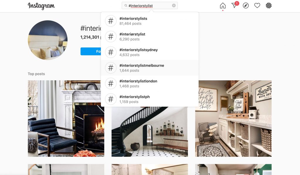 Examples of highly popular hashtags for interior designers on Instagram