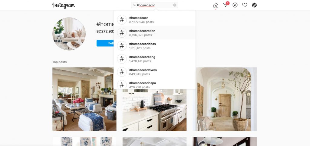 Searching for popular interior design hashtags using Instagram's native search function